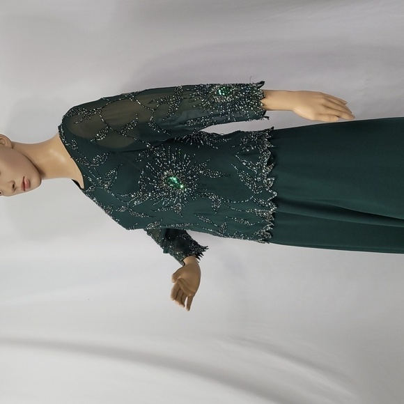𝅺JKARA Hunter Asimetrical Green Chiffon Beaded  Embellished Gown - Picture 11 of 17